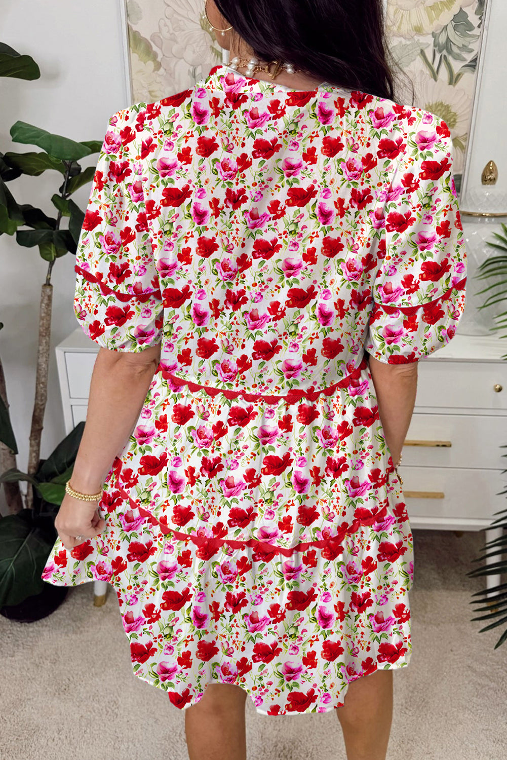 Red Floral Puff Sleeve Tiered Ric Rac Pocketed Mini Dress 8898f77385af3530