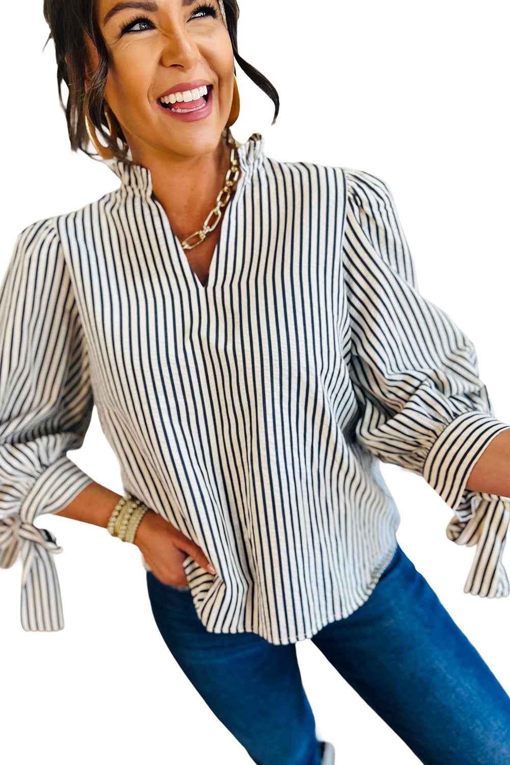 Black Stripe Frill V Neck Knot Cuffs Blouse 88aa2be7f035b8fe