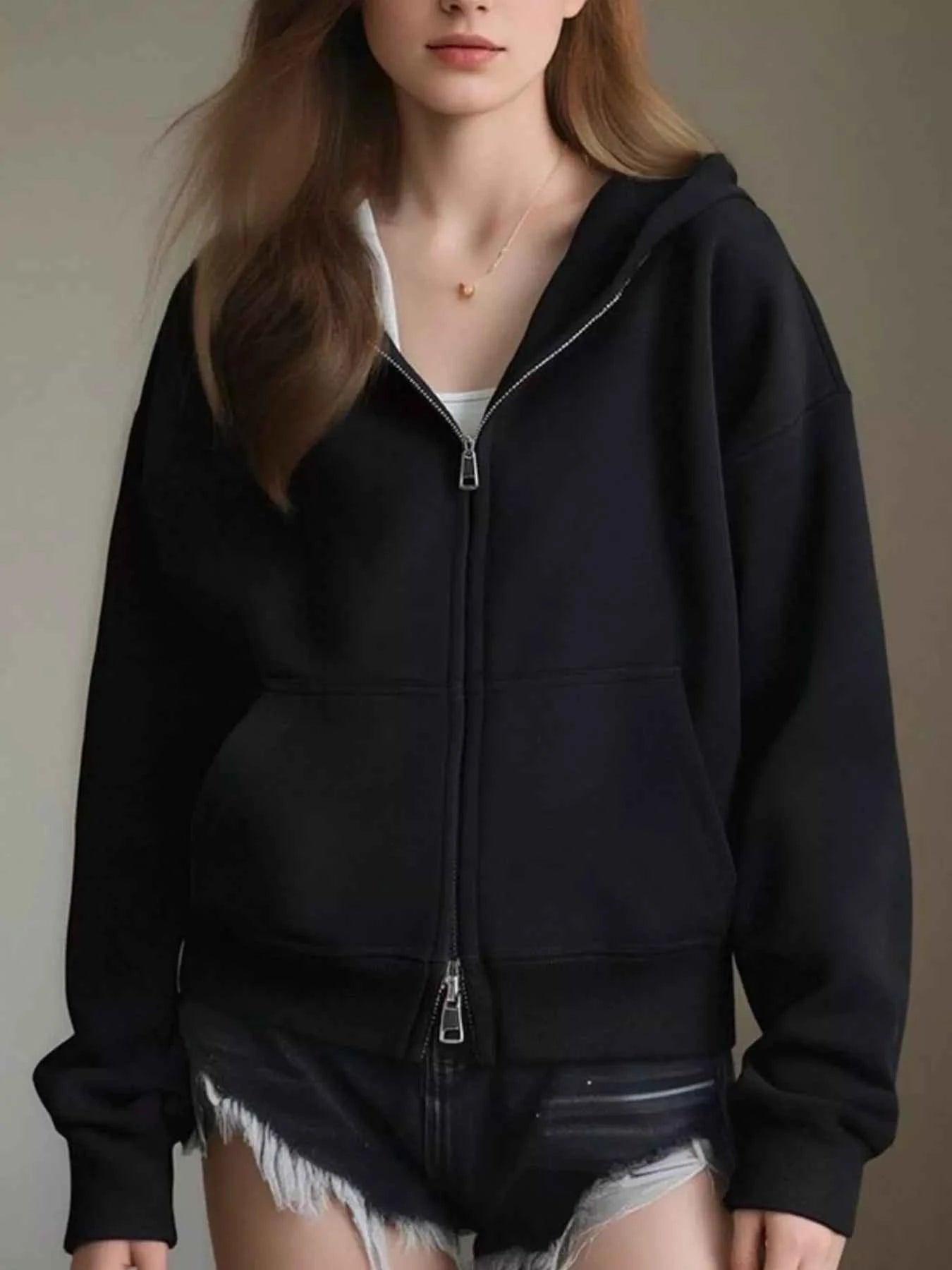 Full Size Casual Zip-Up Long Sleeve Hoodie Plus Size Black 88add61a-9e0b-4f14-82c2-57e628cba52f-Max-Origin