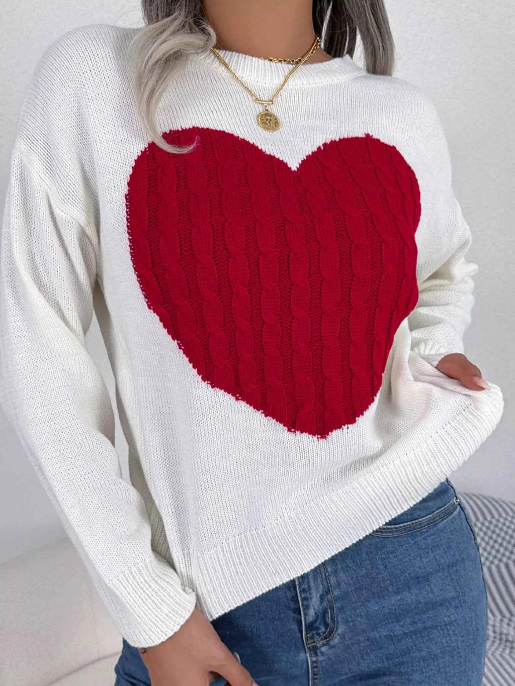 Cable Knit Heart Round Neck Sweater 88afc511149d4c8da54ae829a7d4bb6a-Max-Origin