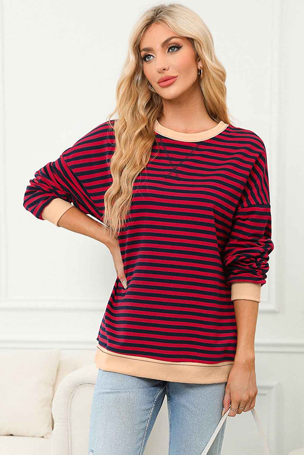 Red Stripe Contrast Ribbed Trim Crossed Stitch Drop Shoulder Sweatshirt 88b20a7d93f8a705
