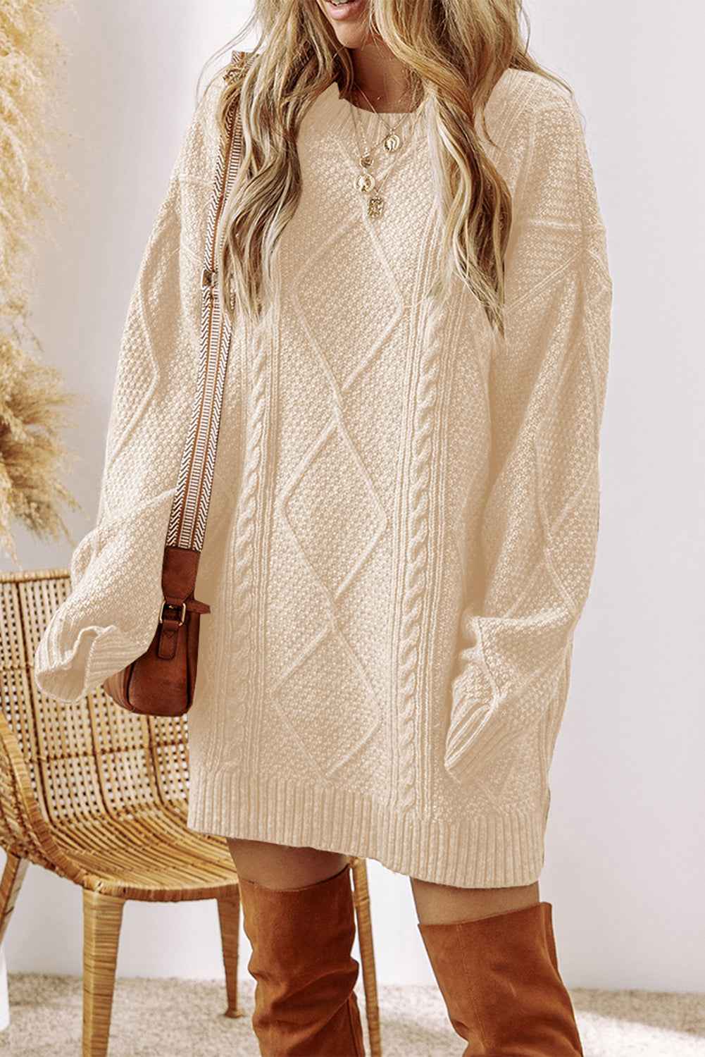 Oatmeal Cable Knit Drop Shoulder Loose Fit Sweater Dress 88b337fdc5c7940e