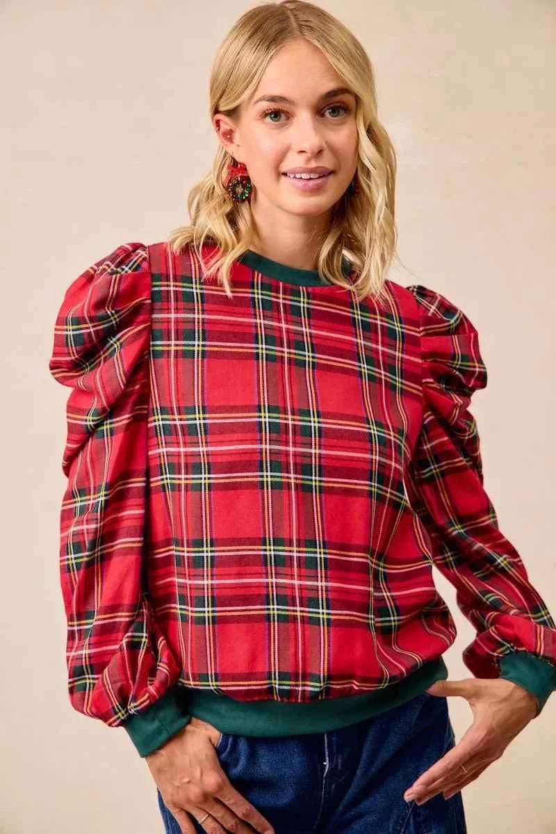 Christmas Plaid Exaggerated Shoulder Sleeves Top 88b74844b4e2477db536a7fb5381da32-Max-Origin