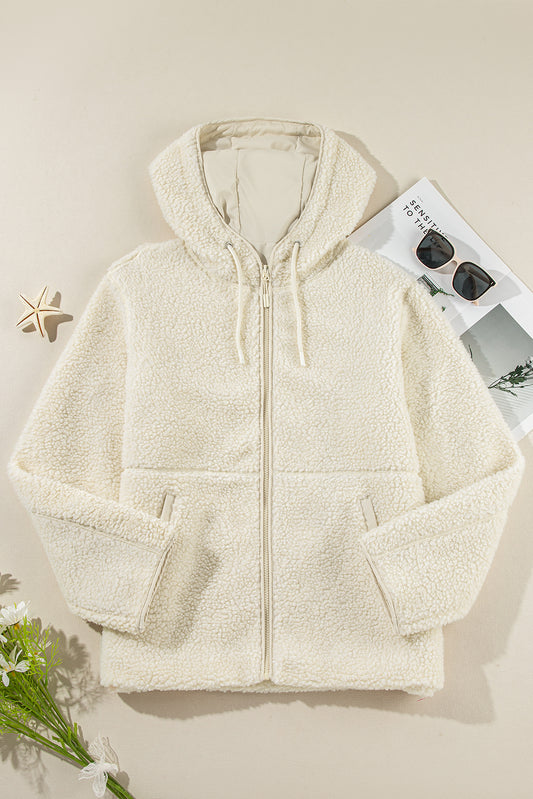 Beige Fleece Zip Up Drawstring Hooded Pocketed Jacket 88be69058c7e871a