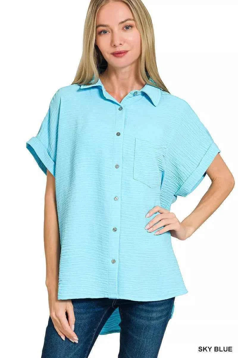 Zenana Woven Airflow Button Down Shirt SKY BLUE 88c1057183994bccace3458a746cfbbf-Max-Origin