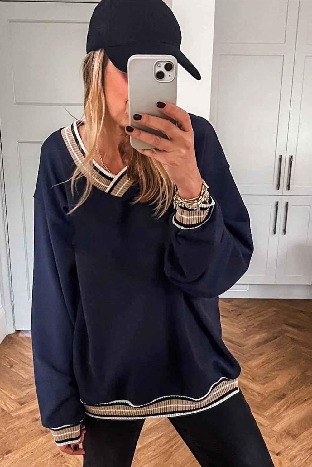 Parchment Varsity Contrast Trim V Neck Sweatshirt 88cb389c00900696