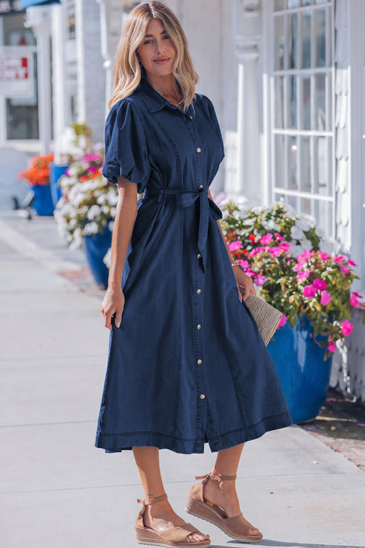 Sail Blue Full Buttons Collared Short Bubble Sleeve Long Denim Dress 88cf00d00cf899e3