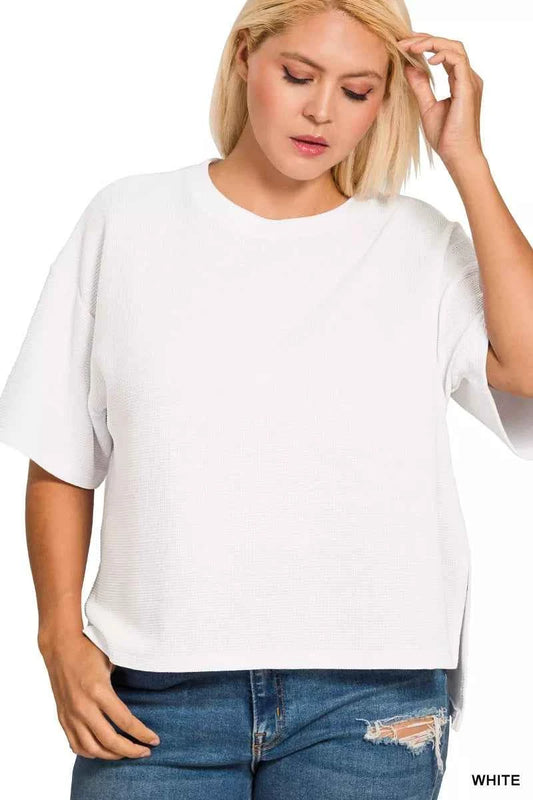 Full Size Double Knit Side Slits Hi Low Short Sleeve Top Plus Size 88cfa97b-cf19-4bb1-992a-d5e71dc99da7-Max-Origin