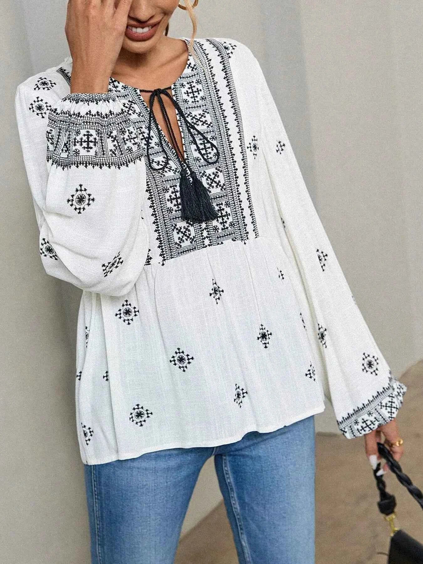 Tie Front Long Sleeve Blouse 88dde03b61784c69857f1cec360a1e69-Max-Origin