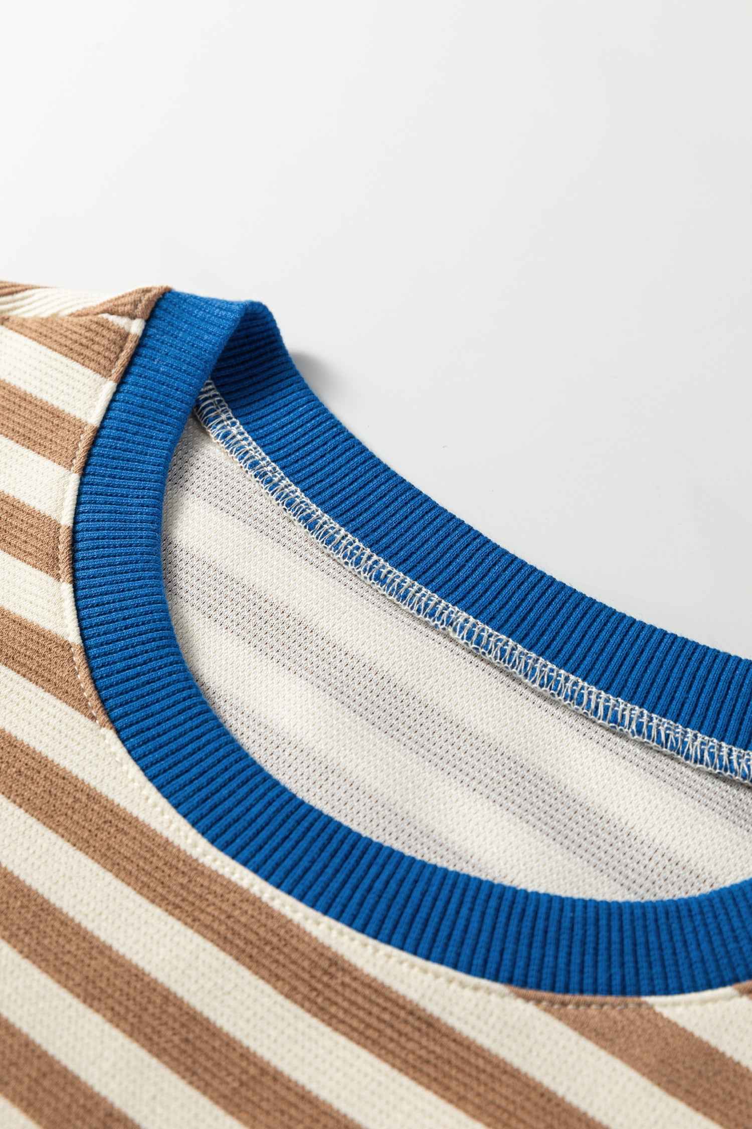 Brown Stripe Short Puff Sleeve Contrast Trim Round Neck Tee 88e80446a81eeeb6