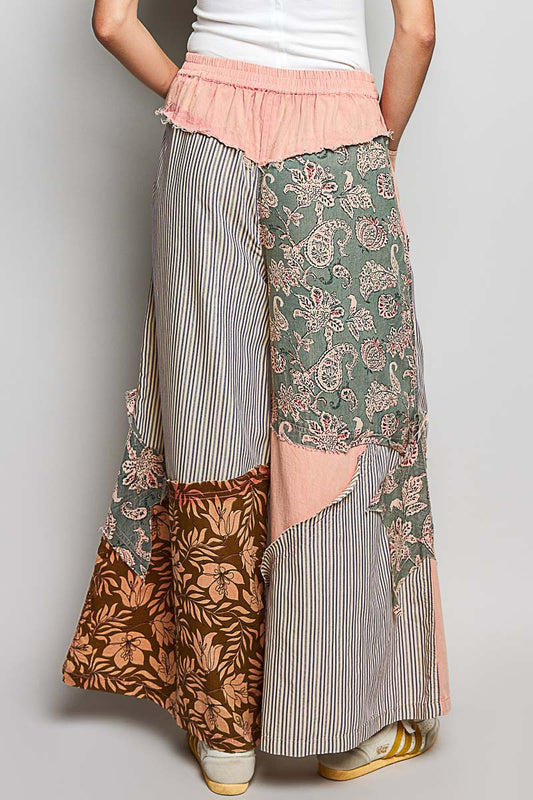 Striped Floral Patchwork Wide leg Pants with Side Big Star Patch 88e985c3-bf11-4ded-8d9e-5979ee476c4f-Max