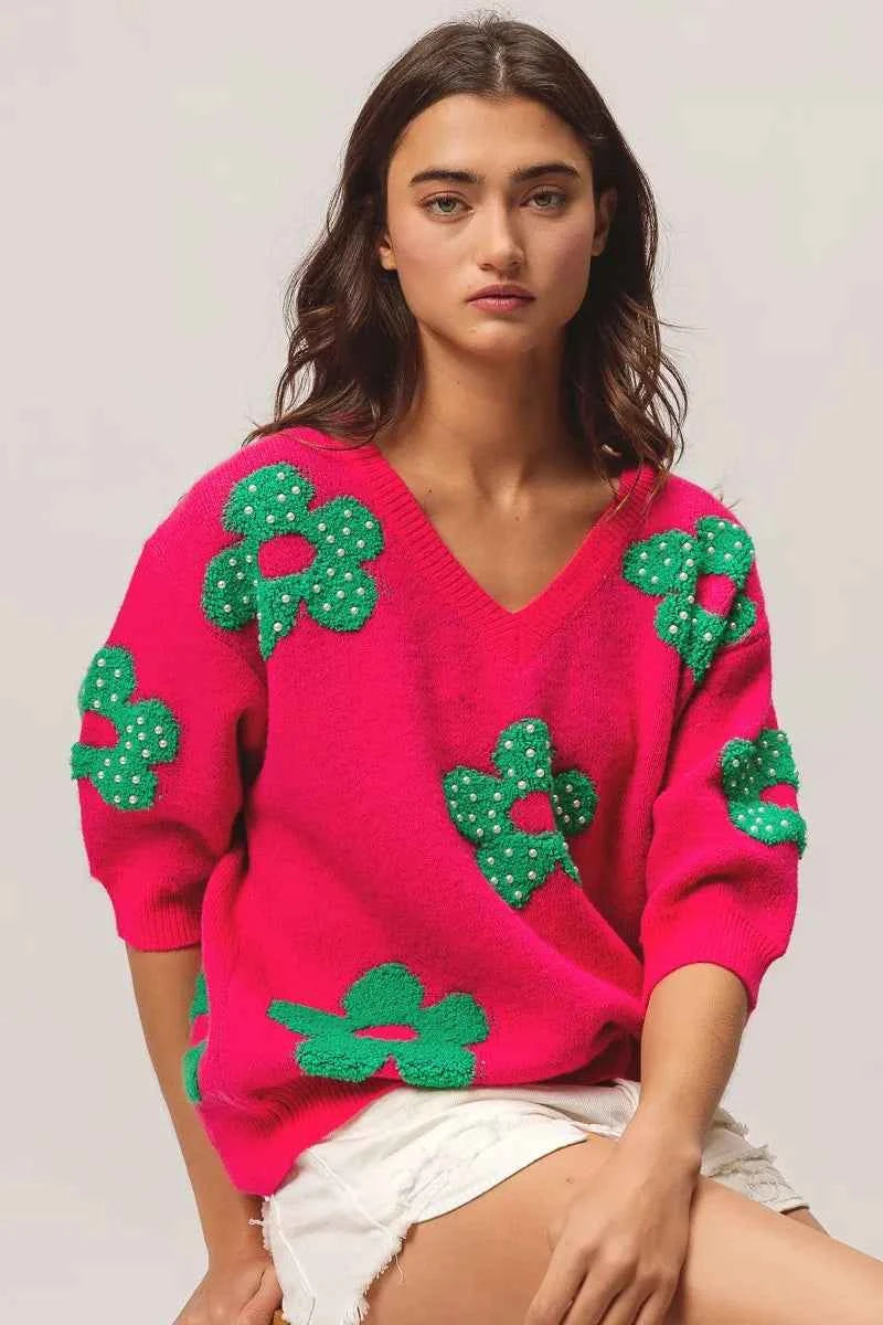 BiBi Pearl Beads Flowers Sweater Top 88e9c5ed164e4b059bf3ee9713501c5a-Max-Origin