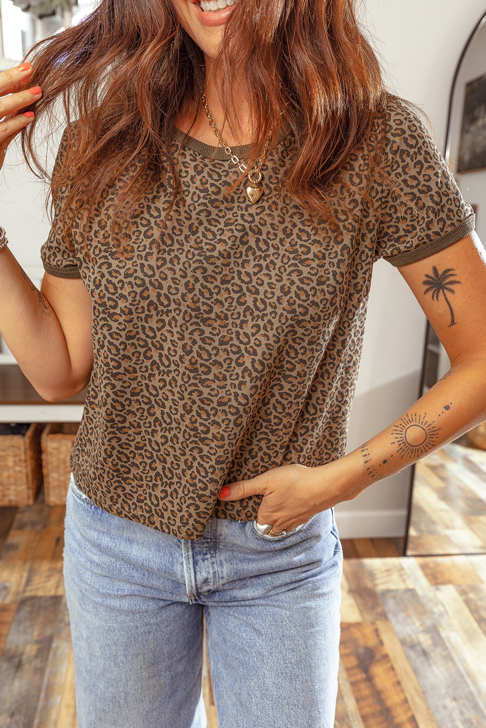 Khaki Fierce Leopard Crew Neck T Shirt 88ee907b88ef6fa2