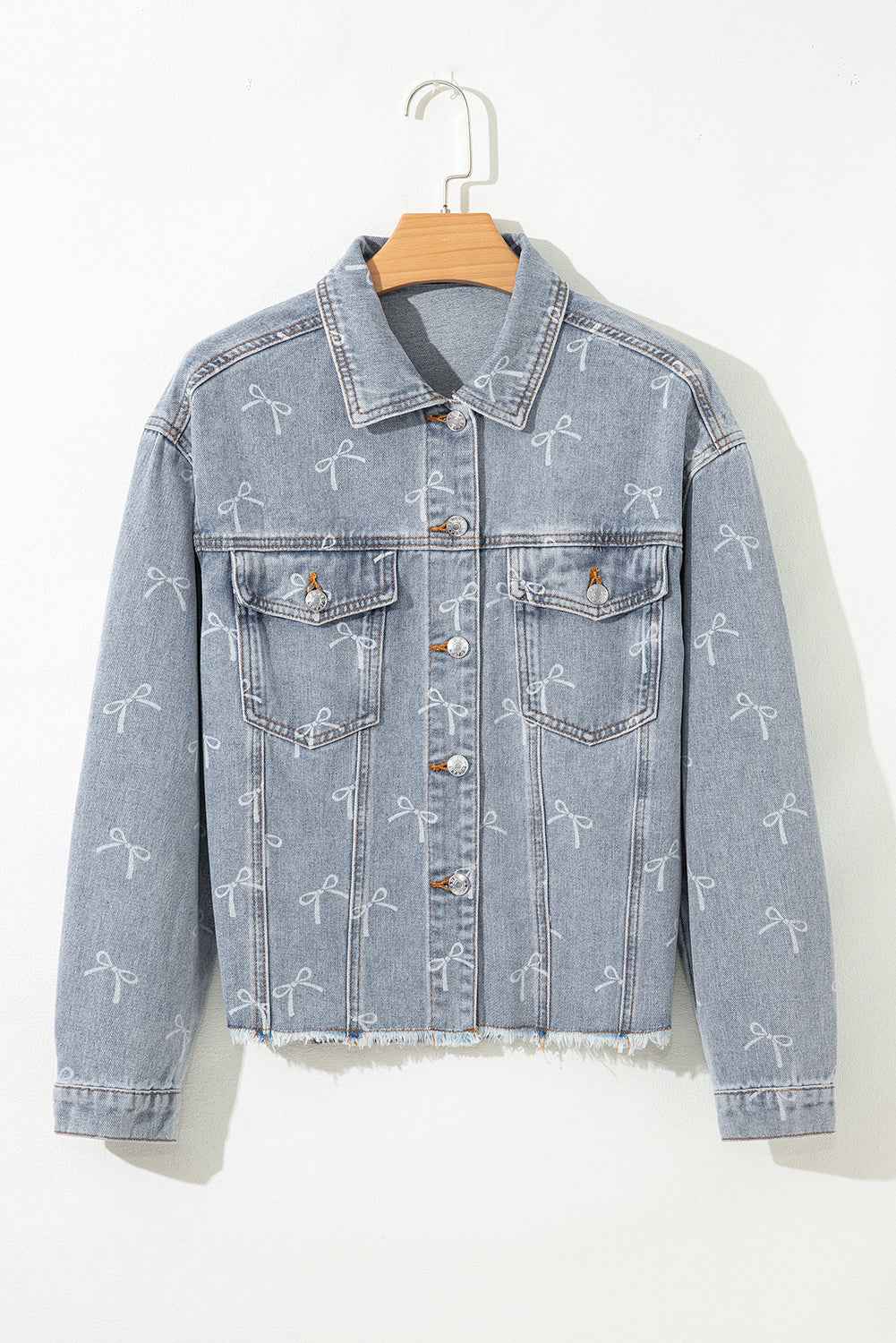 Sky Blue Bow Print Light Wash Raw Hem Denim Jacket 88f6f04dca1e3576