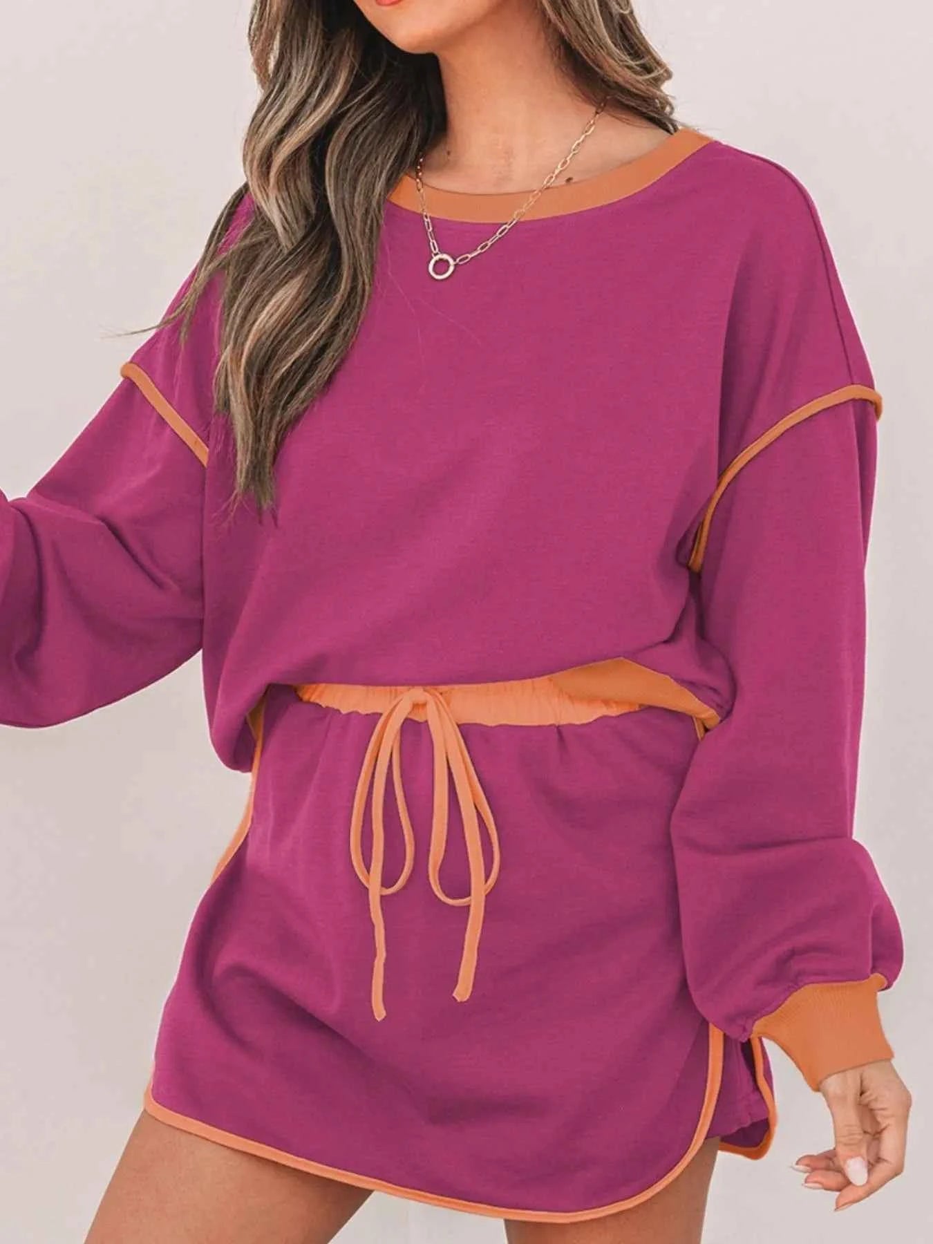 Contrast Trim Long Sleeve Top and Skort Set Cerise 89041c0f-93ec-4b66-861e-b152487e1e13-Max-Origin