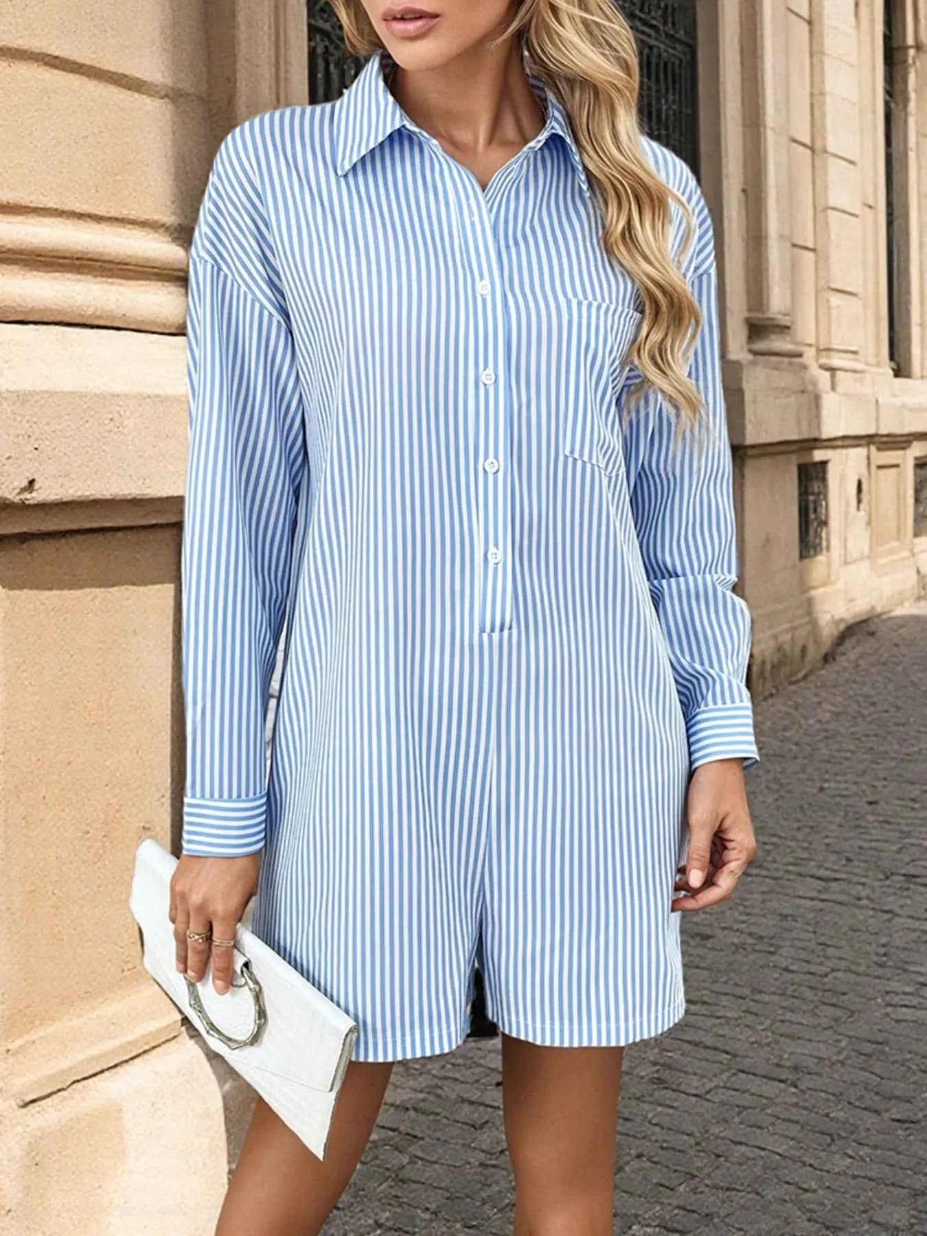 Striped Button Front Long Sleeve Romper 89064cd442fd4e8cbdcc7d6d7d66def1-Max-Origin