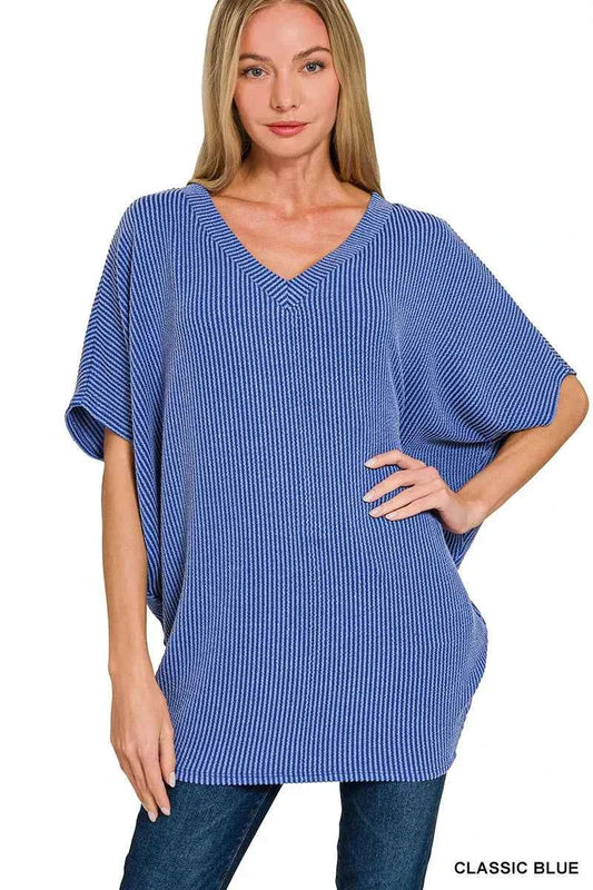 Raised Rib V-Neck Batwing Top CLASSIC BLUE 890f4c3adac34ec4a56bf65c42b0cb8d-Max-Origin