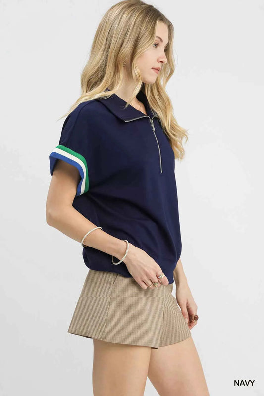 Zip Front Casual Top with Contrast Stripe Trim 8919dbbb-4994-4de2-a753-ef857802330c-Max-Origin