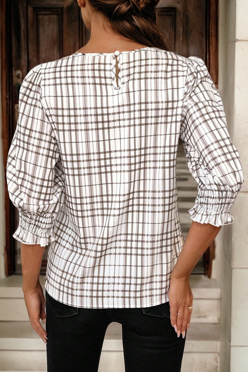 White Plaid Print Frilled Puffy Half Sleeve Blouse 891a842ceb7bd7c1