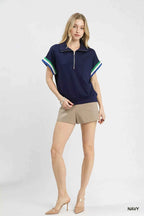 Umgee Zip Front Casual Top with Contrast Stripe Trim 891cfec0-0365-4acd-a371-c5b13200a177-Max-Origin