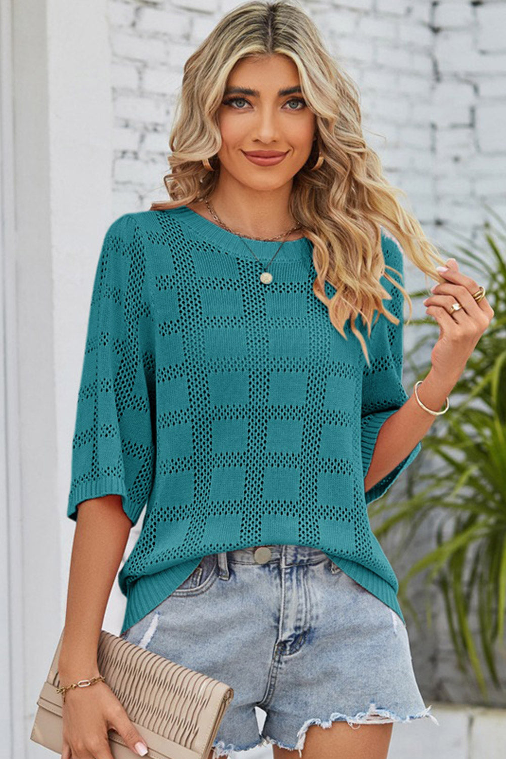 Skobeloff Plaid Pattern Crochet Knit Short Sleeve Sweater 891dc16ac188813b