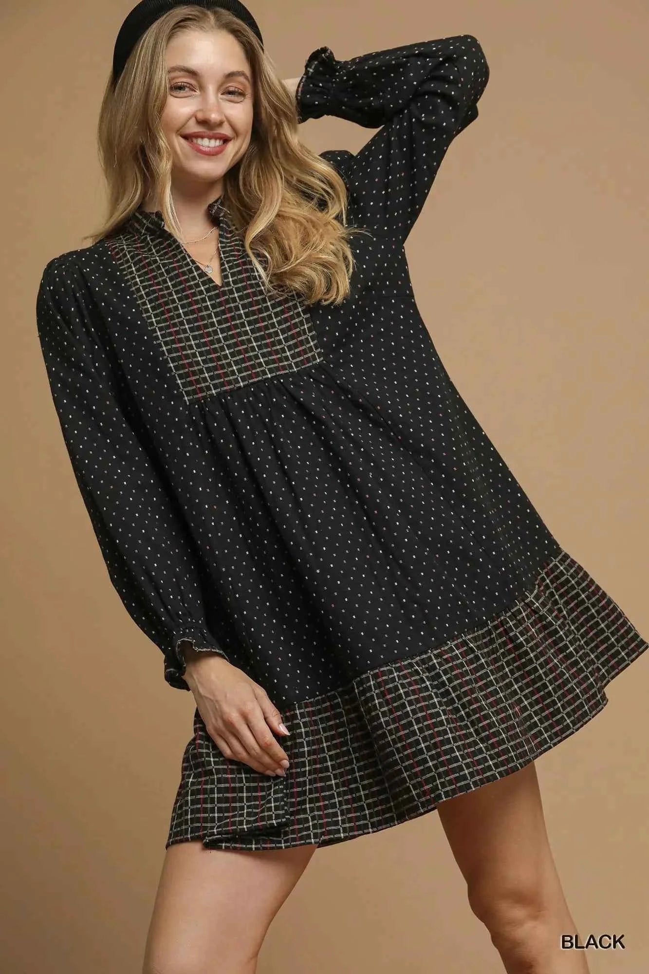 Umgee Polka Dot Plaid Trim Babydoll Dress Black 891df65e-60e6-48f4-8c27-2a31d19103dc-Max-Origin