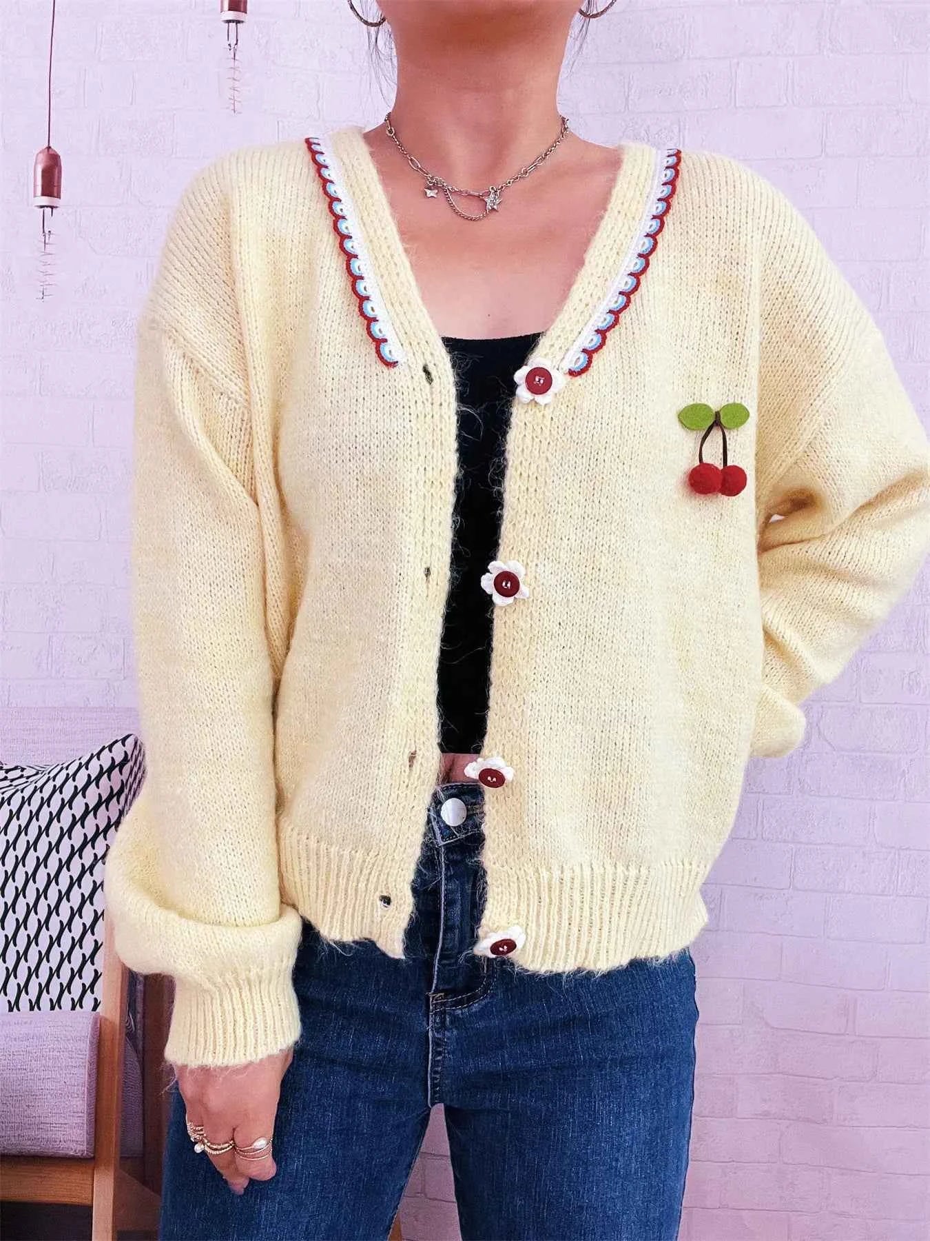 Cherry Button-Front Long Sleeve Cardigan Yellow One Size 892252828f2849ca9129bb48b70b375b-Max-Origin