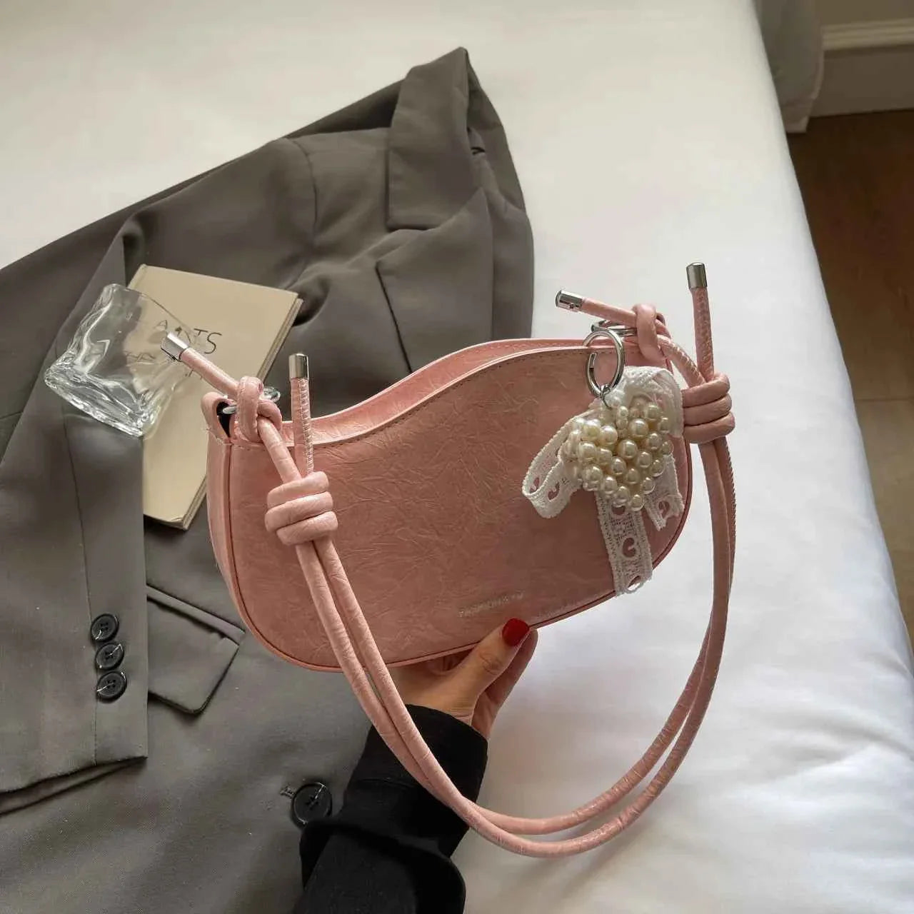 Leather Shoulder Bag with Pearl Detail Pink onesize 892577a109474db181a5b66dd22fb914-Max-Origin