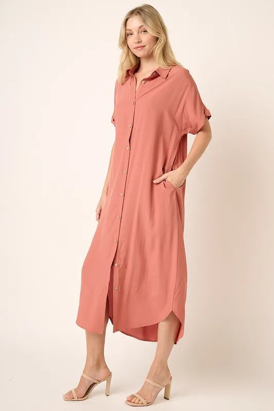 Collared Neck Dolman Short Sleeve Midi Shirt Dress 89282b1d-df44-4ed1-8505-3c7acbdc71ff-Max