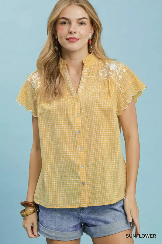 Embroidered Print Scallop Sleeve Button Front Blouse SUNFLOWER 892908d5-e517-4c33-bd4b-c596300e9274-Max-Origin