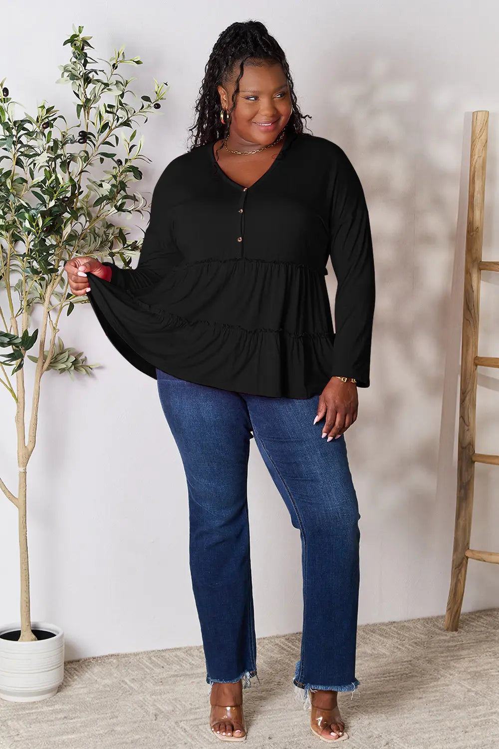Double Take Half Button Long Sleeve Ruffle Hem Blouse 892b3f79576e4af3a9d0de93c456a8d5-Max