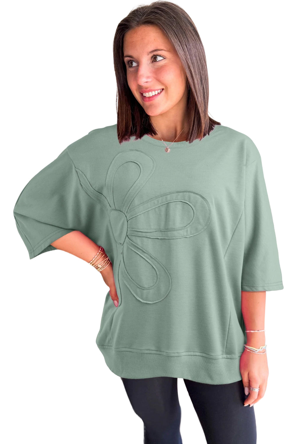 Clearly Aqua Solid Color Floral Patched Half Sleeve Tunic Top 892e4952fde4a547