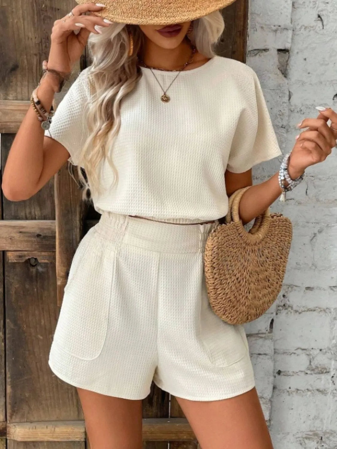 Round Neck Short Sleeve Top and Shorts Set Cream 892f08ec-66b8-4659-b389-257a2a9b090e-Max-Origin