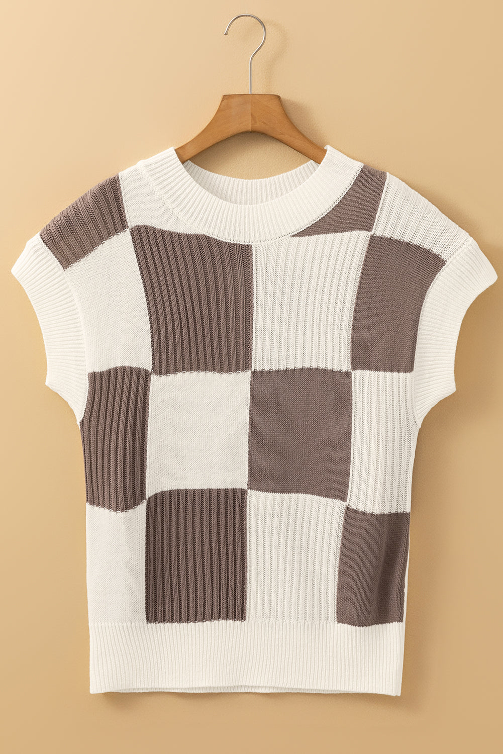 Light Blue Checkered Color Block Crew Neck Short Sleeve Sweater 8931198993a7c8e0