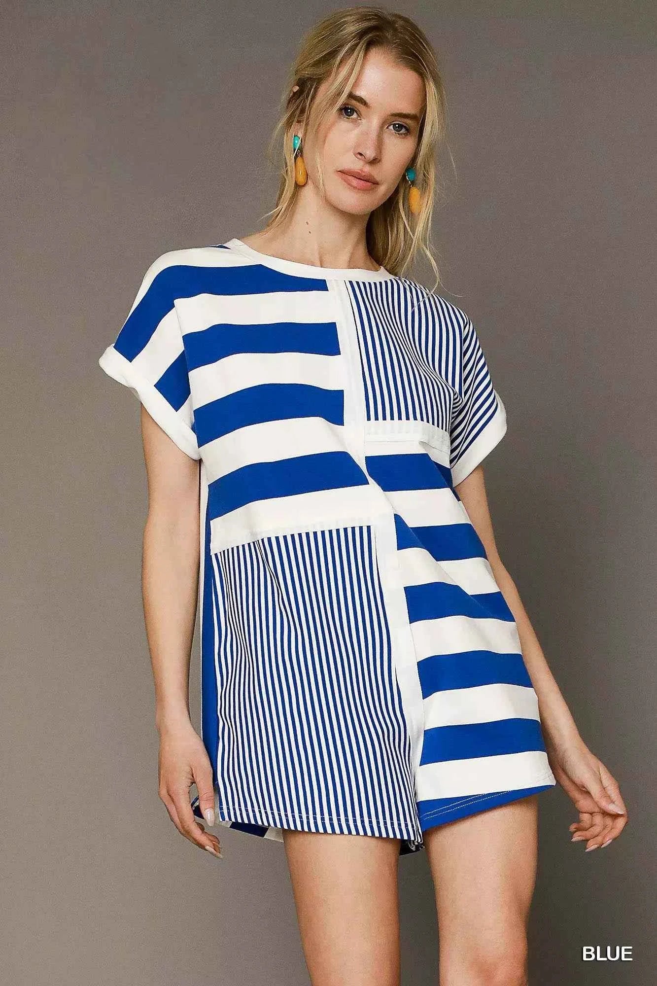 Umgee Mixed Striped Short Sleeve Romper Blue 89362e7f-57fd-4764-93c8-a8cf6209b461-Max-Origin