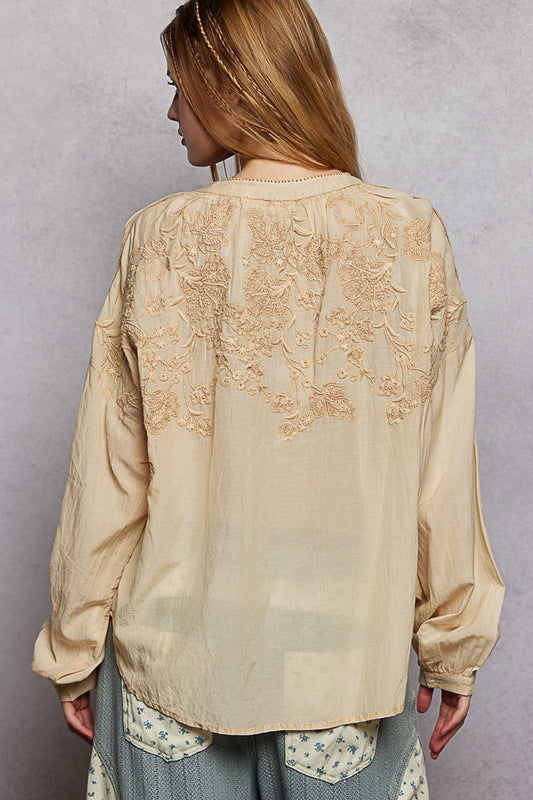 Embroidery Button Down Long Sleeve Washed Shirt 8939a3bc-deeb-40d2-aea7-d6c04954ed7f-Max