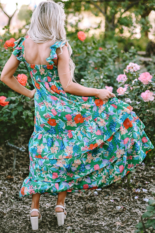 Green Floral Print Sleeveless Ruffle Tiered Maxi Dress 893f2c107cb85b75