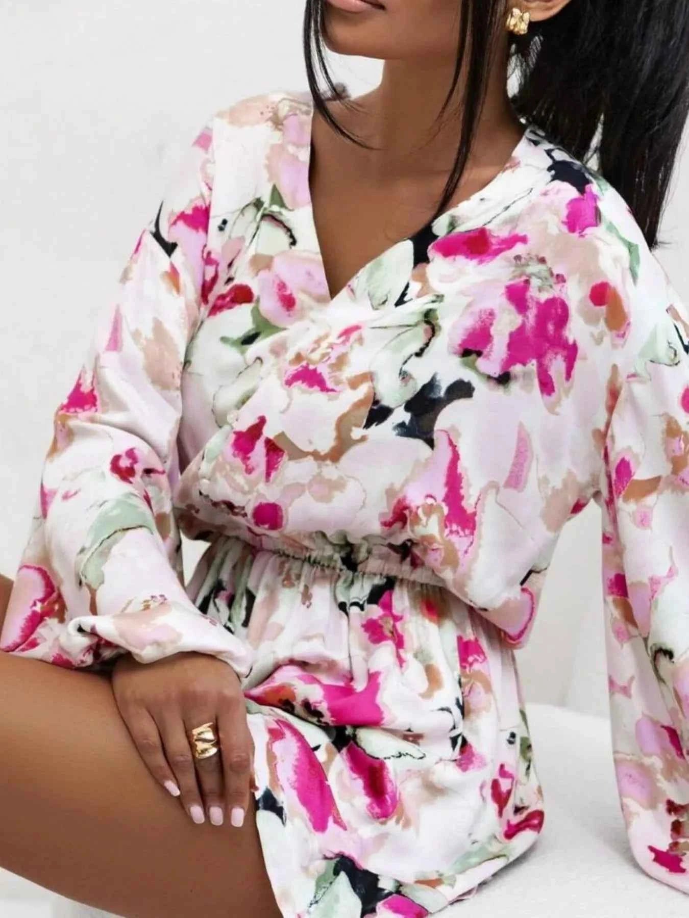 Floral V-Neck Long Sleeve Romper with Elastic Waist 8944243c-11b6-495a-a069-4f18a2587c5f-Max-Origin