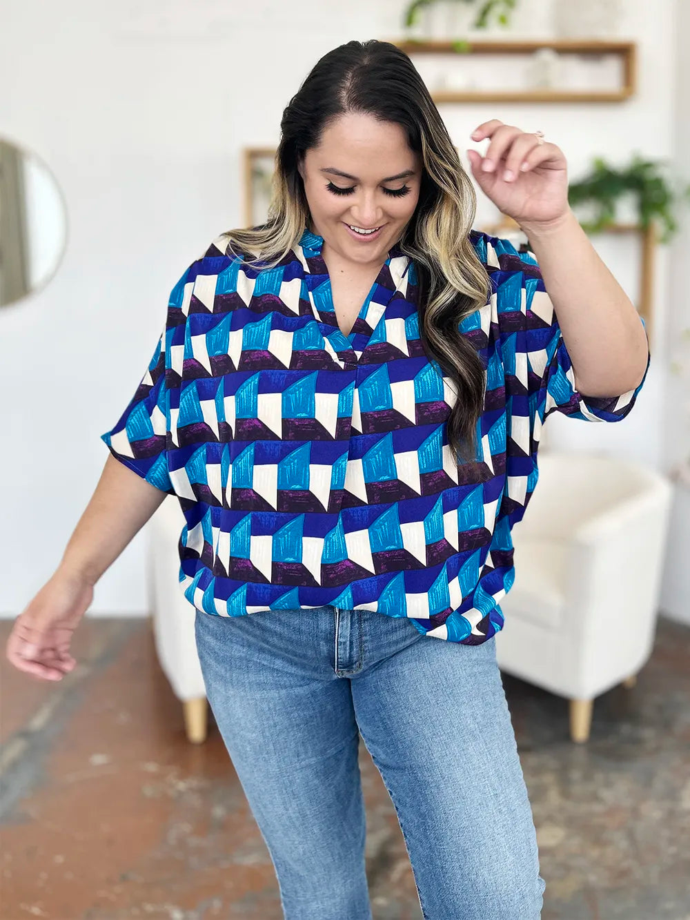 Double Take Full Size Geometric Notched Half Sleeve Blouse 894e22d2-c975-4050-93a3-d9eebebf7442-Max