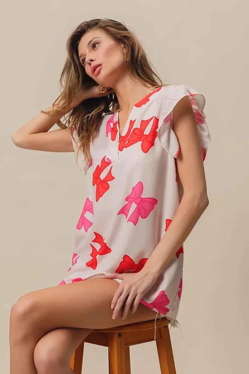 Bow Printed Woven Ruffled Sleeves V Neck Top 8955625eac3c4da1b0879db7810c759f-Max-Origin