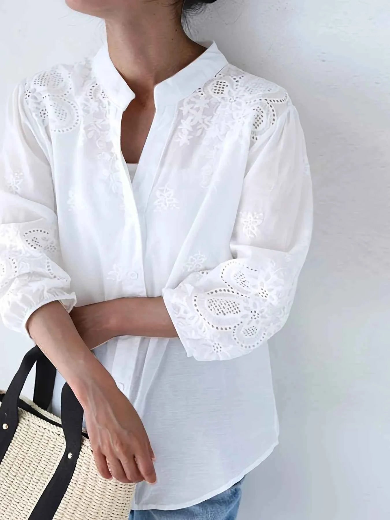 Embroidered Eyelet Button Up Shirt White 89558e2a507241b584578ebc249ee3d9-Max-Origin