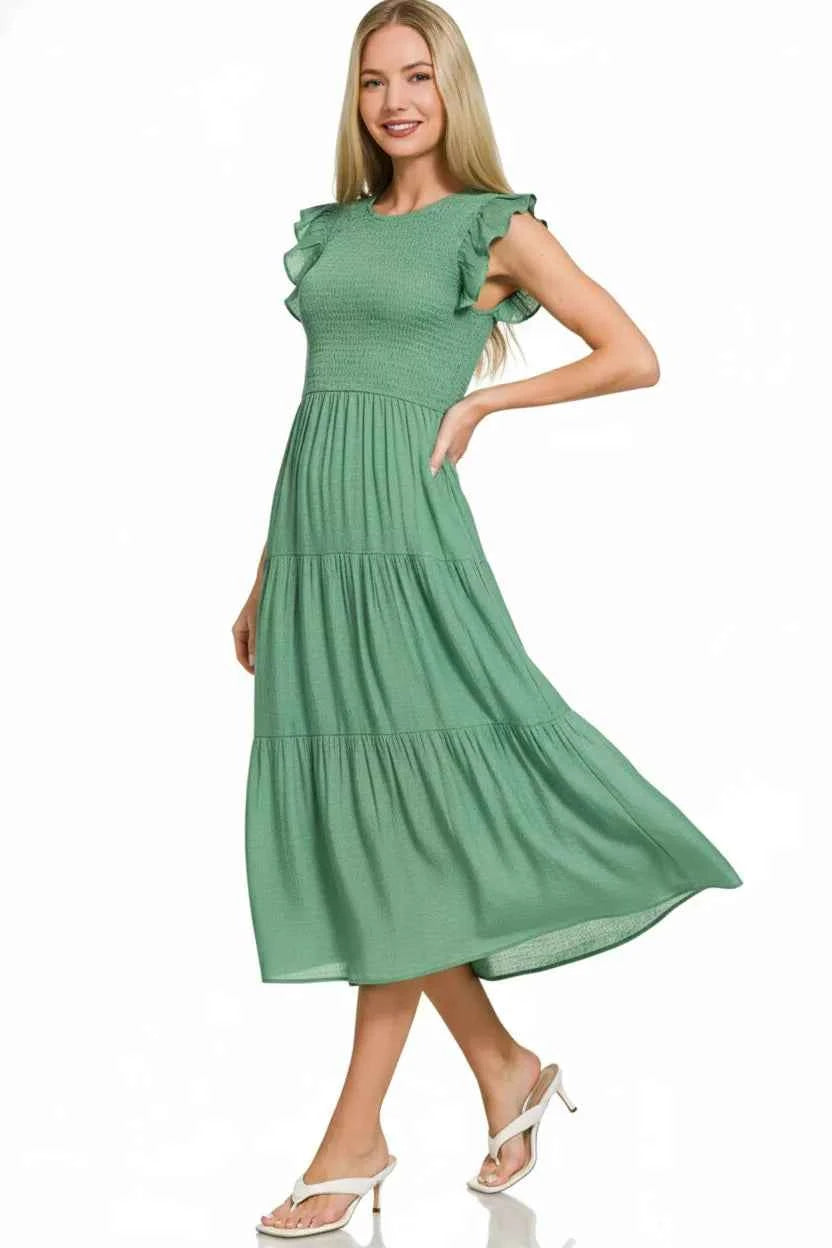 Zenana Woven Smocked Ruffle Sleeve Midi Dress 89572609-bd6c-48b9-bf92-3319750d4278-Max-Origin