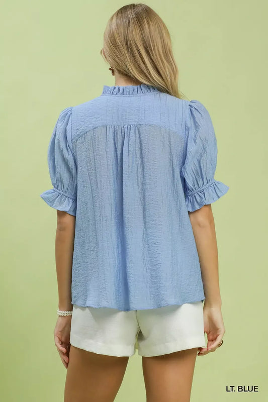 Textured Button-Front Puff Sleeve Top 89658b04-afe4-4f13-ad59-0997698156f7-Max-Origin