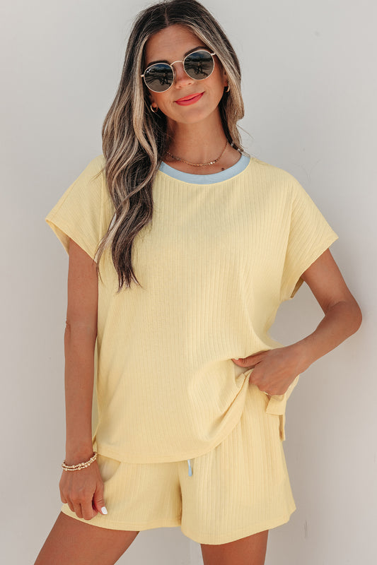 Clearly Aqua Soft Ribbed Color Block Trim Casual Short Set Yellow Cream 60%Polyester+35%Cotton+5%Elastane 89659a4d44710205