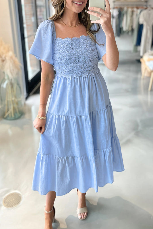 Beau Blue Flowy Short Sleeve Lace Detail Square Neck Tiered Midi Dress Beau Blue 55%Cotton+45%Viscose 8967107471995c70