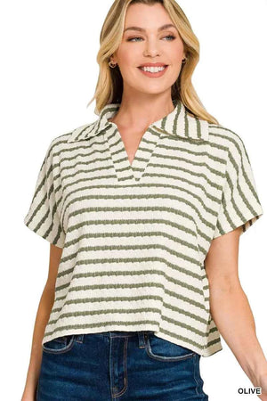 Striped Split Neck Collared Top OLIVE 8967d1a5326146d39f75fc45bcd6a247-Max-Origin