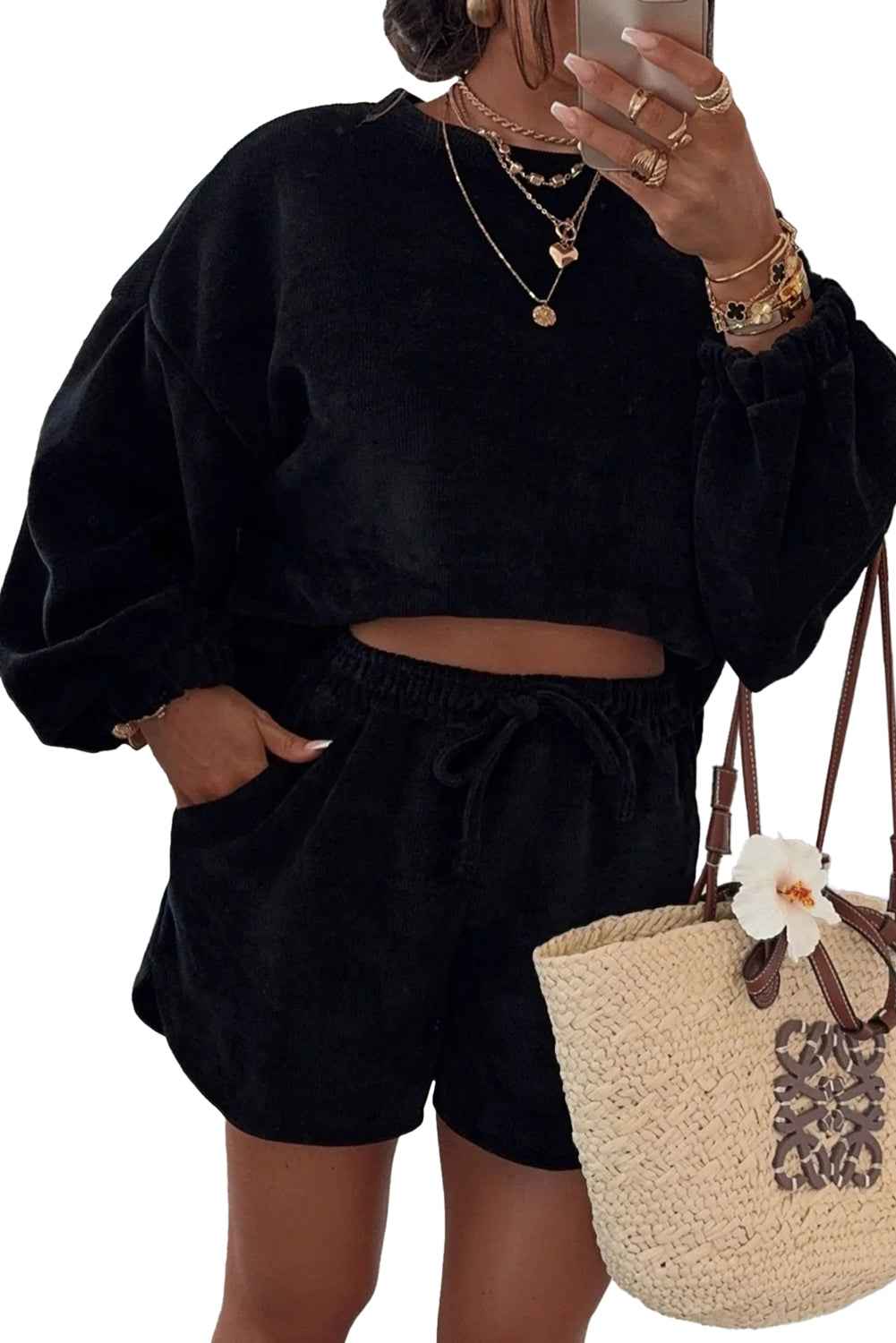 Fushia Textured Knit Drop Shoulder Pullover Drawstring Shorts Set 896a2d959092bcab