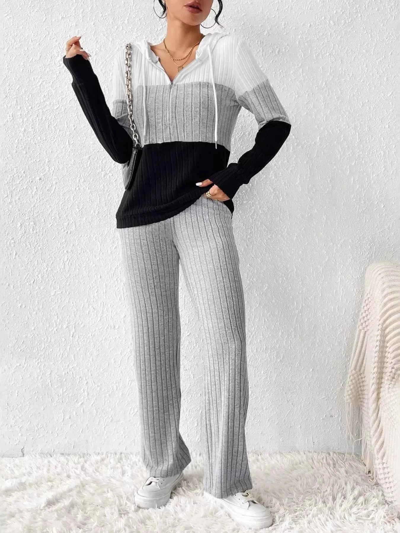 Color Block Half Zip Hooded Top and Pants Set Light Gray 896b3f25bba648228febccbab7338dff-Max-Origin