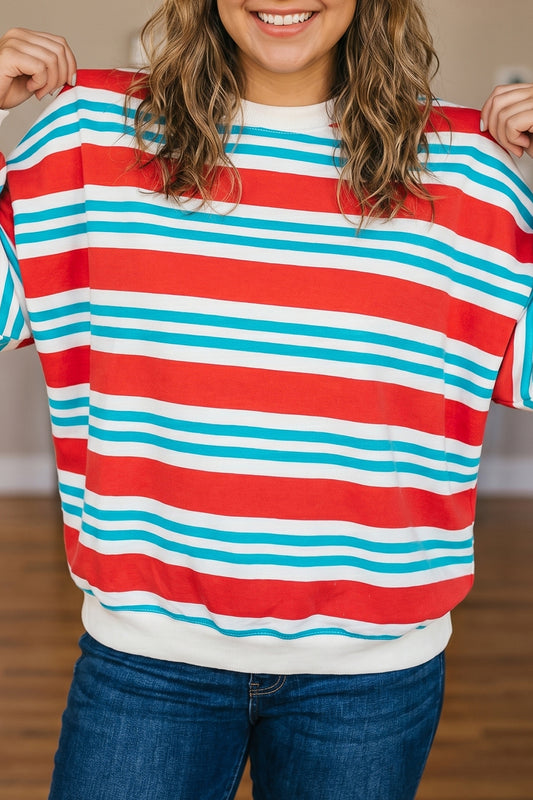 Red Stripe Striped Colorblock Long Sleeve Round Neck Tunic Plus Size Sweatshirt 896ef1549f05dceb