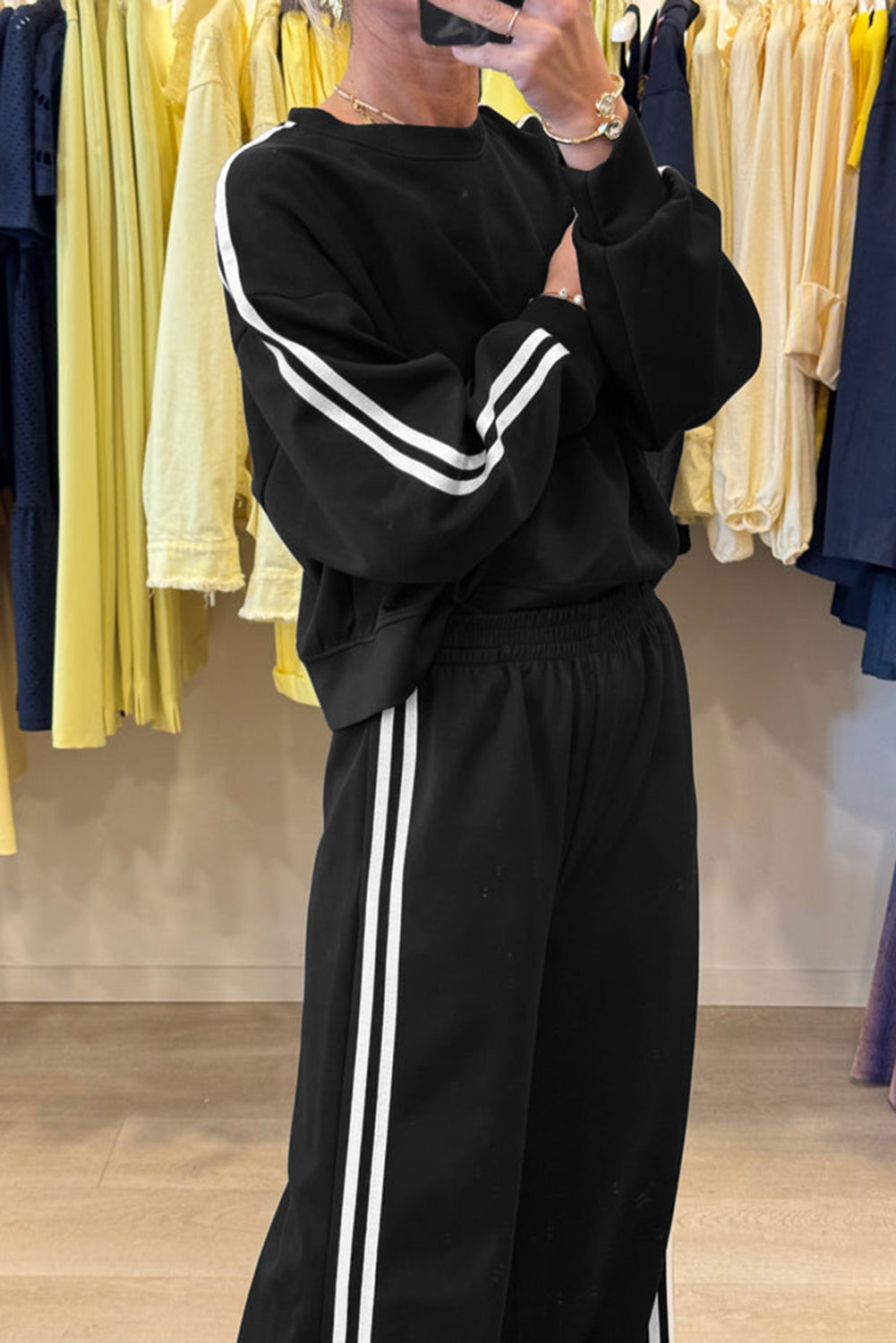 Dirty Blue Varsity Striped Detail Cropped Pullover Wide Leg Pants 2pcs Outfit Black 65%Polyester+35%Cotton 897167a2bd2d7f83